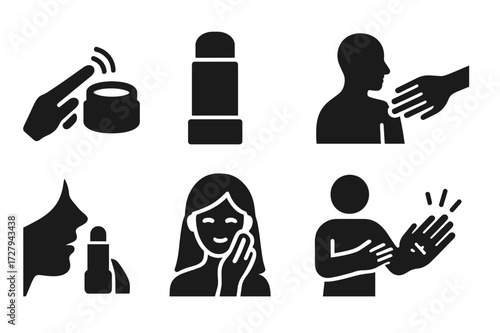 Balm Application Icons. Solid, filled icon set of solid balm application: finger applying balm, balm stick, massaging balm, spreading balm, moisturizing lips,