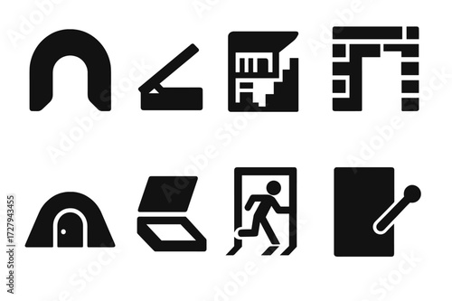 Secret Passage Icons. Solid, filled icon set of hidden passageways: secret tunnel, trapdoor, hidden staircase, false wall, underground bunker, concealed hatch,