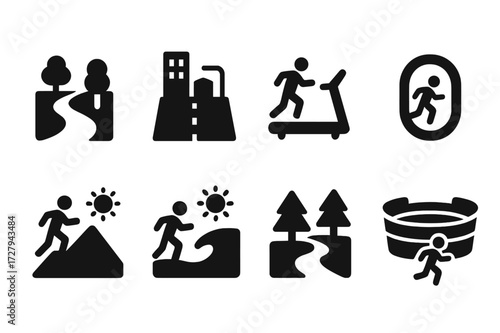 Running Environment Icons. Solid, filled icon set of running environment: park trail, city street, treadmill, track field, mountain trail, beach run, forest