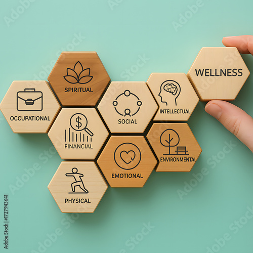 Holistic Wellness: A hand carefully arranges wooden hexagonal blocks illustrating the multifaceted dimensions of wellness, emphasizing concepts like occupational, spiritual, financial, social.