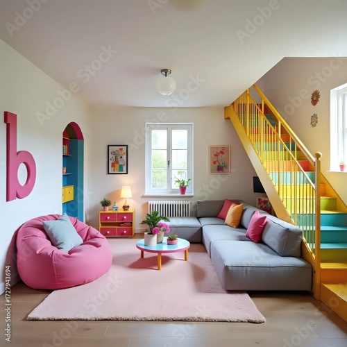 A living room with a pink bean bag chair and a gray couch.