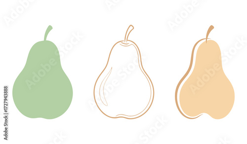 Three abstract pears in pastel green outline and peach colors on white background fruit