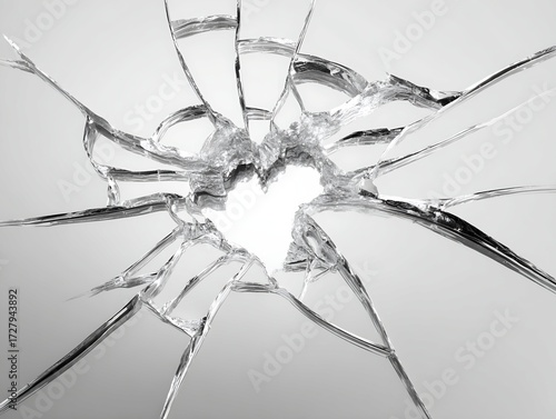 Abstract broken glass featuring radial cracks forming a heart shape on a light gray background creating a visually striking and conceptual image