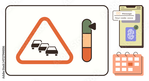 Traffic congestion sign and progress bar, fingerprint login on a smartphone, and a calendar layout. Ideal for productivity, safety, authentication, planning, reminders schedules balance. Simple