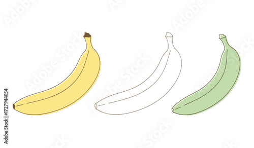 Three bananas one yellow outline one sketch one green outline yellow banana green banana
