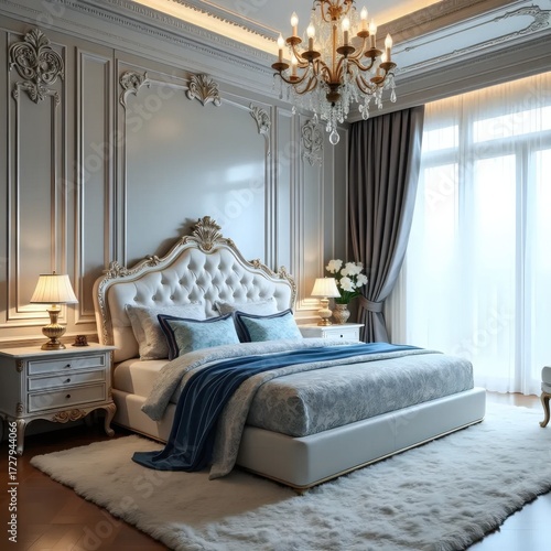 A luxurious bedroom with a large bed and a chandelier.