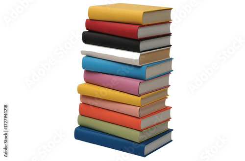 A tall stack of colorful hardcover books isolated on a plain white background, symbolizing knowledge, education, and literature