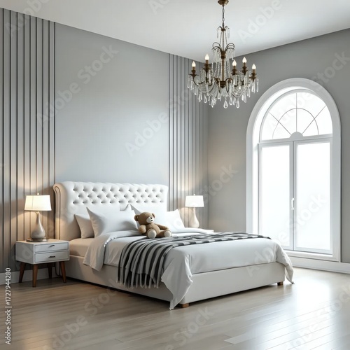 A white bed sitting in a bedroom next to a window.