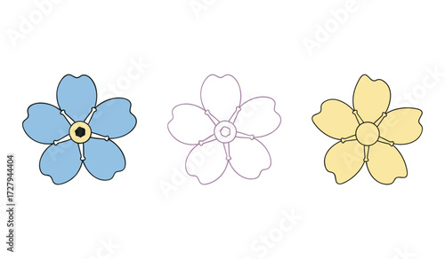 Three forget me not flowers blue purple outline yellow blue flower yellow flower