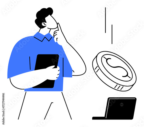 Businessperson holding a tablet, pondering near a floating coin and a laptop. Ideal for finance, investment, decision-making, technology, strategy, fintech wealth management. Simple flat metaphor
