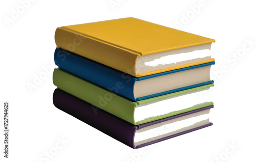 A stack of four books with different colored covers, including yellow, blue, green, and purple, lying on a white background