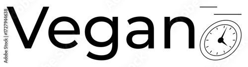 Vegan text accented by clock symbol emphasizing time, minimalism, and diet balance. Ideal for healthy living, plant-based diet, time management, eco-consciousness, fast cooking, graphic design