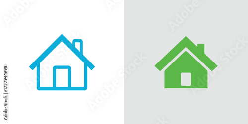 Simple House Icons: Blue Outline and Green Filled, Modern Minimalist Design, Home Sweet Home Concept.