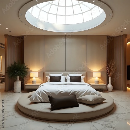A large round bed sitting in a bedroom under a skylight.