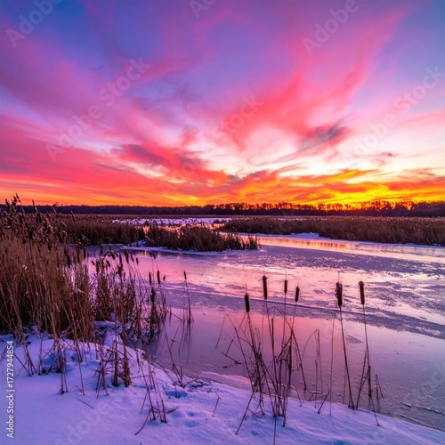 Vibrant sunset hues paint the sky over a partially frozen riverbank, reeds silhouetted against the fiery colors, snow lining the shore