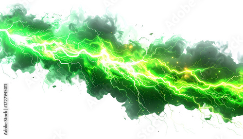 Glowing neon green lightning bolt with glowing edges isolated on transparent background