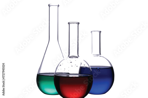 Close-up studio shot of three laboratory flasks containing colorful liquids, representing science and research