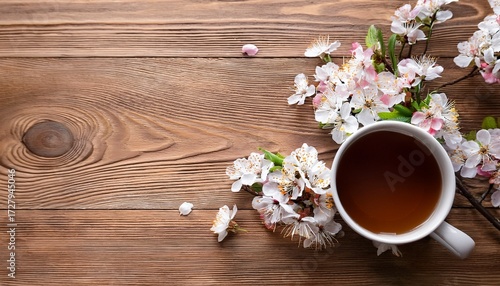 Spring Mug Mockup With Blossom Cherry Flat Lay On Wood Background With Copy Space