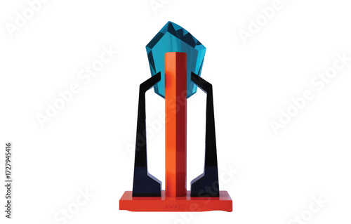 Abstract geometric award sculpture featuring a brilliant blue faceted crystal atop a sleek, modern black and orange pedestal, symbolizing excellence and achievement in a contemporary design