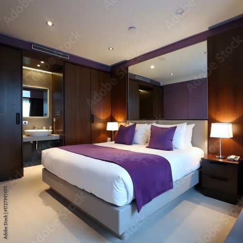 A large bed with a purple blanket on top of it.