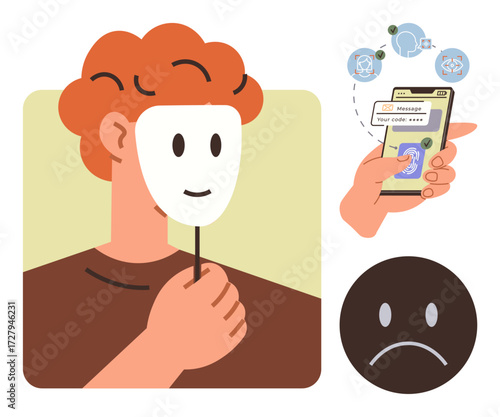 Person holding smiling mask hides true emotion, phone screen shows password theft process, frowning icon suggests emotional impact. Ideal for fraud, cybersecurity, privacy, deceit, online safety