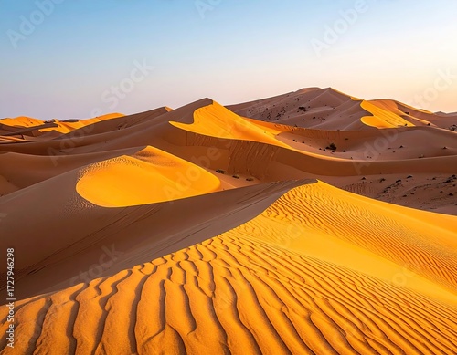 Fototapeta Naklejka Na Ścianę i Meble -  Scenic Golden Desert Landscape with Rolling Sand Dunes Under Clear Blue Sky During Sunset in a Wide Angle Cinematic Composition