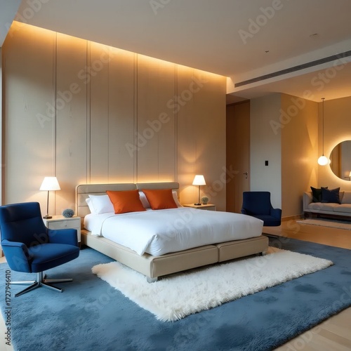 A bedroom with a large bed and a blue chair.