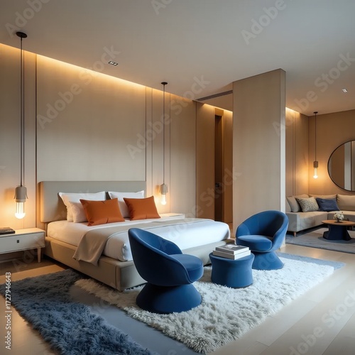 A bedroom with a large bed and two blue chairs.