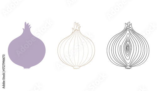 Three onions one solid purple outline beige and cross section black line art vegetable food