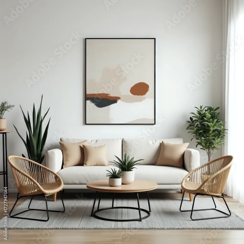 A living room with a white couch, two chairs and a coffee table.