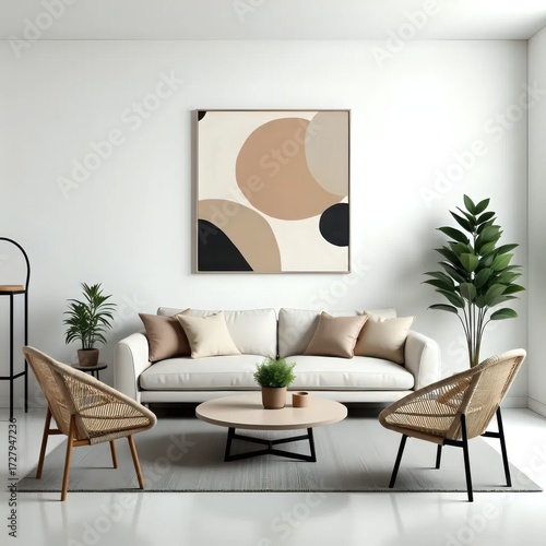 A living room with a white couch, two chairs and a coffee table.