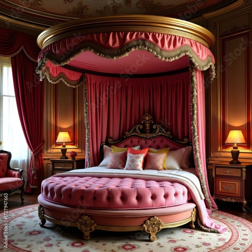A luxurious bedroom with a round bed and a canopy bed.