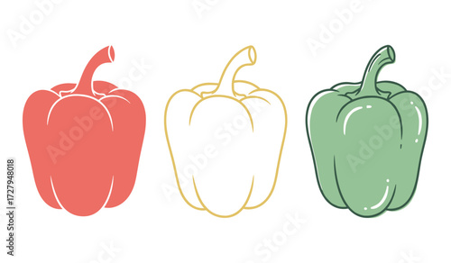 Three stylized bell peppers in red yellow and green on white background paprika capsicum