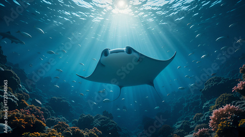 una manta raya dentro del oceano bajo la superficie en un paisaje de barcos hundidos animales majestuosos