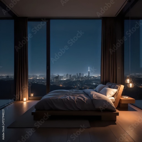 A bedroom with a view of a city at night.