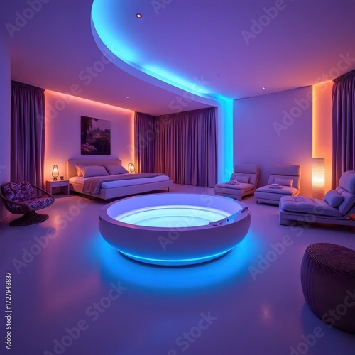 A room with a bed, chairs and a bathtub in it.