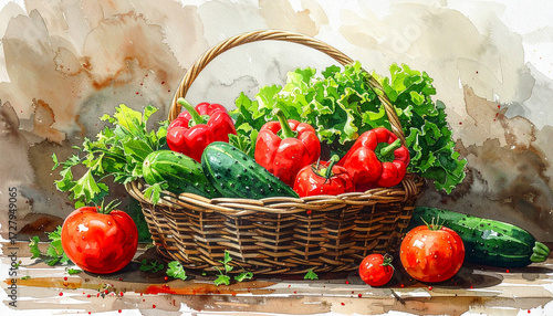 Watercolor painting of fresh vegetables in a basket, vibrant green and red tones