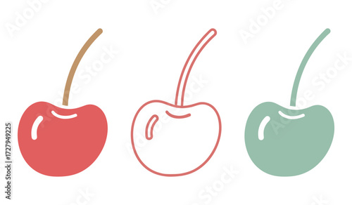 Three stylized cherries in red coral pink and sage green with stems on white background cherry fruit