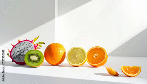 Minimalist composition of fresh fruits (orange, apple, kiwi, dragon fruit)