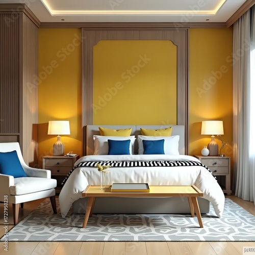A bedroom with yellow walls and a white bed.