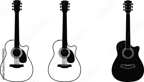 Acoustic guitar silhouettes, black and white guitars, musical instruments, string instrument collection, folk music, concert performance, band illustration, studio design