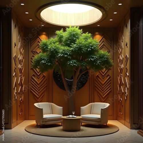 A large tree in the middle of a room with two chairs.