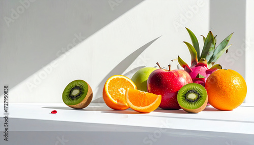 Minimalist composition of fresh fruits (orange, apple, kiwi, dragon fruit)