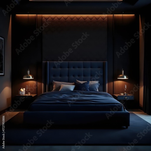 A dark bedroom with a large bed in the middle of it.
