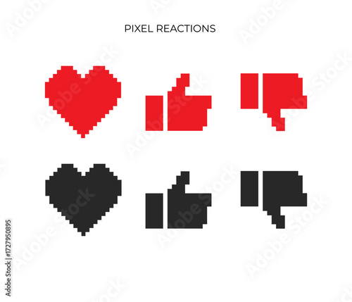 A set of six 8-bit icons: red or black heart, thumbs-up, and thumbs-down for digital love, like, and dislike engagement.