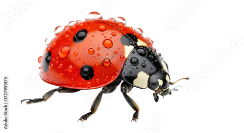 Ladybug with water droplets on its shell isolated on white background.