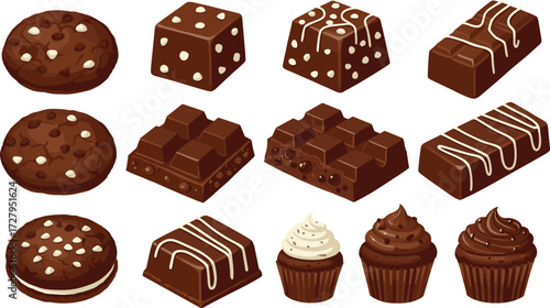 Assorted chocolate cookies, sweet cupcakes, creamy truffles, delicious brownies, tasty chocolate bars, bakery desserts, cocoa treats, homemade pastries, 