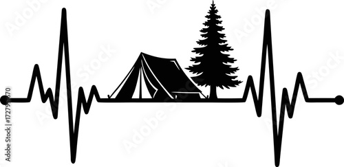 Minimalist black and white silhouette design showing a camping tent and pine trees inside a heartbeat line, perfect for outdoor, travel, and adventure themed graphics.