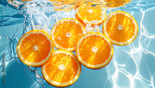 Juicy orange slices floating in clear water with splashes, bright tropical summer