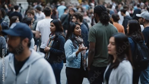 Diverse Man and Woman Connecting and Talking Amidst a Bustling Anonymous Urban Crowd.